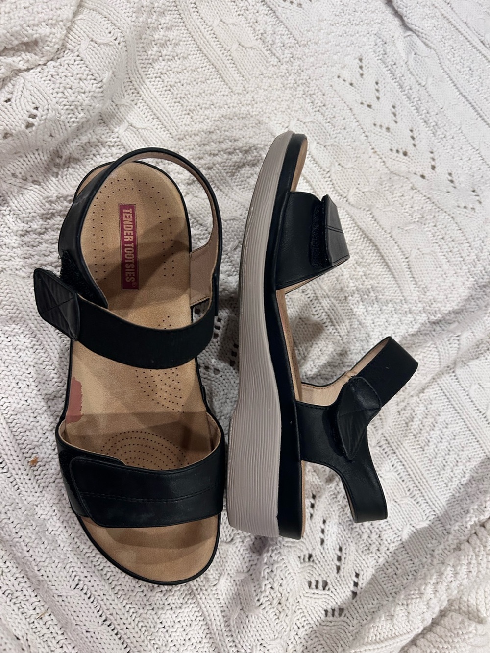 Tender Tootsies Black Wedge with adjustable straps. Size 9
